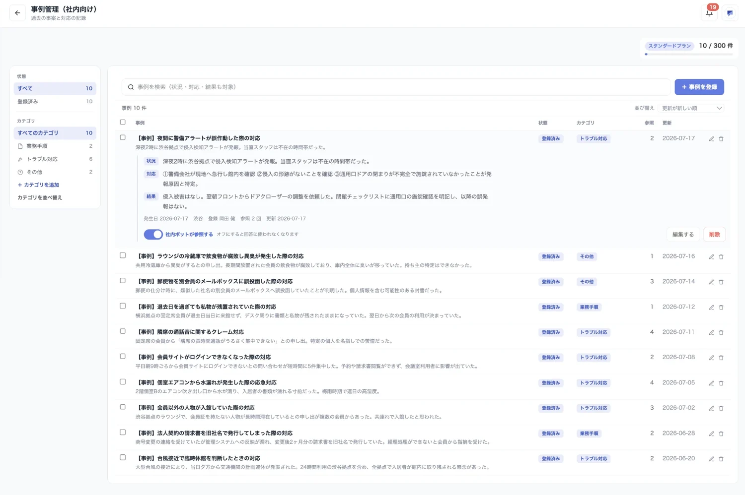 事例管理（社内向け）の一覧。カテゴリで絞り込み、事例ごとに参照回数と更新日が並んでいる。