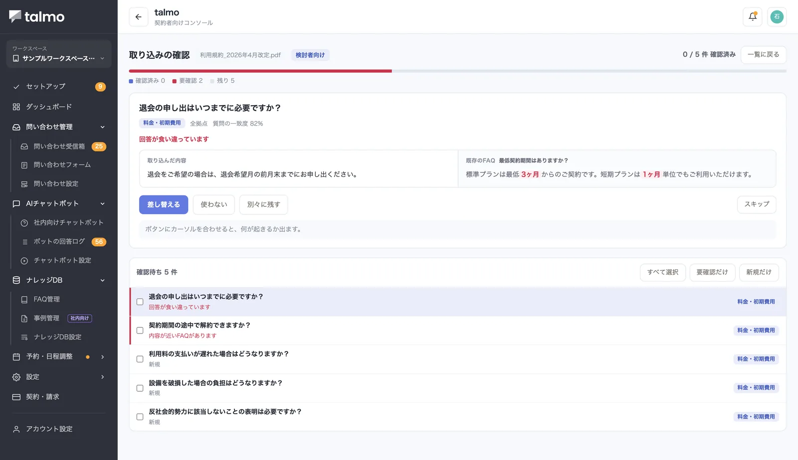 利用規約PDFから作成されたFAQ案5件の確認画面。既存のFAQと食い違う案には理由が示され、差し替え・使わない・別々に残すから選べる。